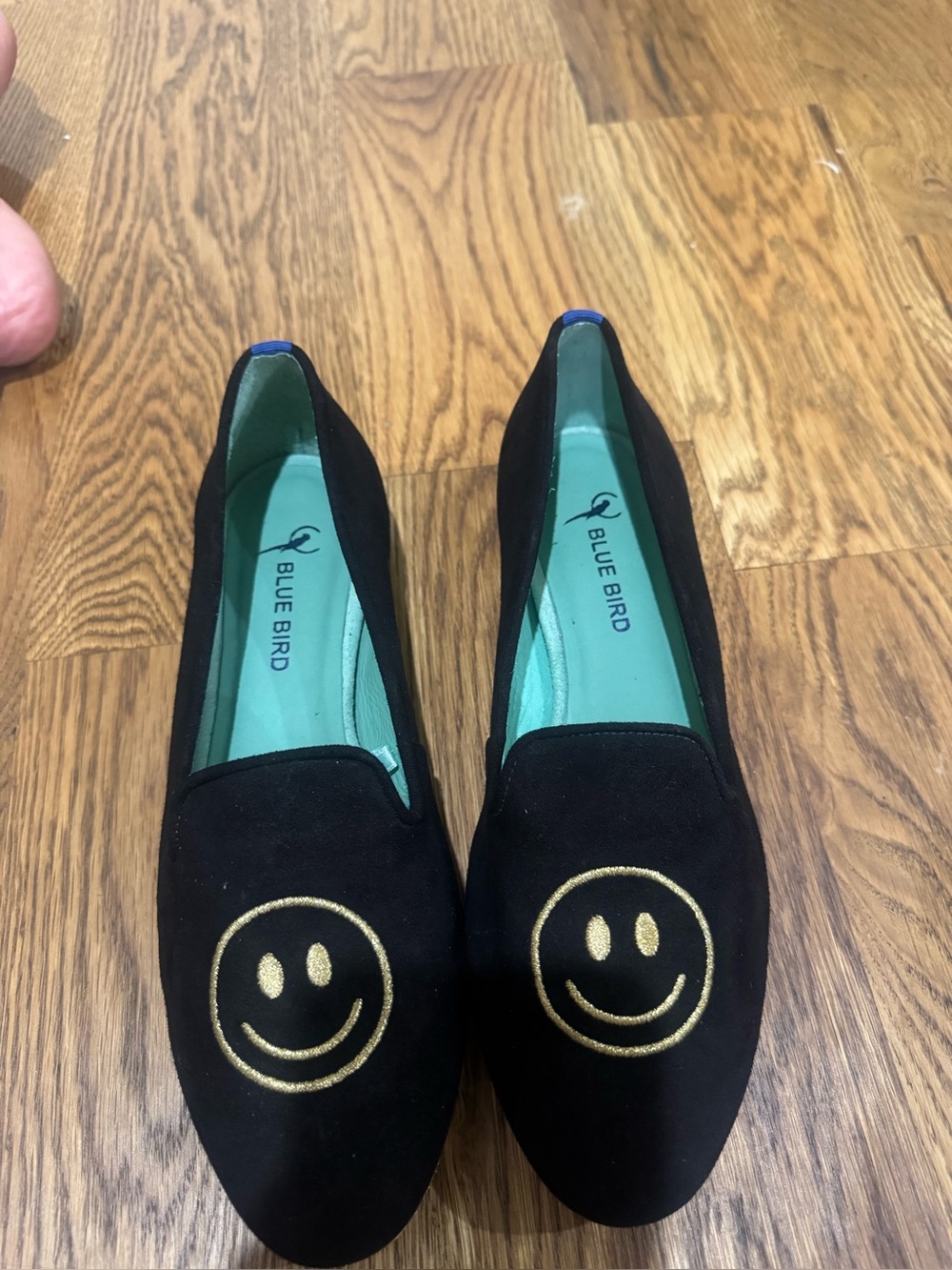 Blue Bird Black Loafers with Gold Smiley emoji Detail